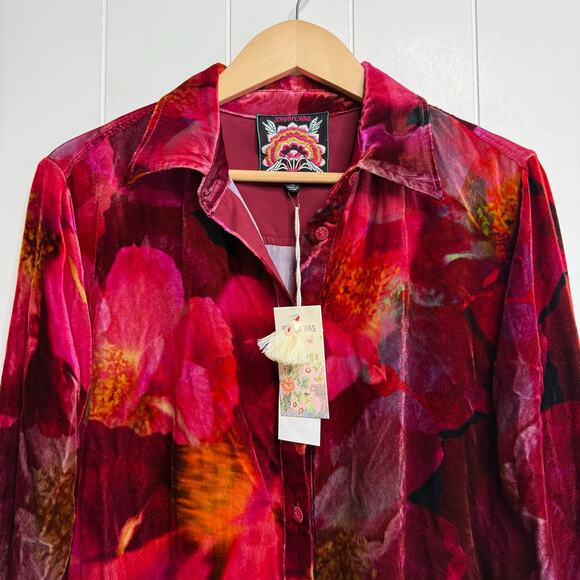 Johnny Was floral shirt floral velvet blouse button-down silk blend XS - Picture 5 of 9